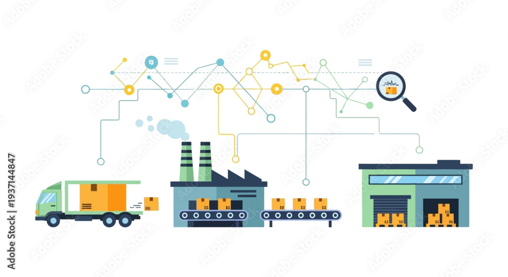 Fototapeta premium Integrated Supply Chain & Logistics: Manufacturing, Warehouse, Delivery, and Digital Tracking. Modern Global Business Operations & Technology.