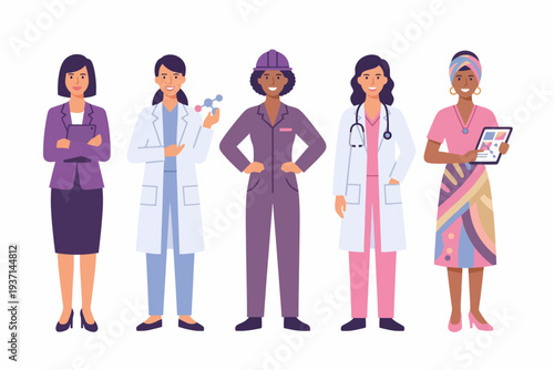Diverse professional women in various careers standing confidently