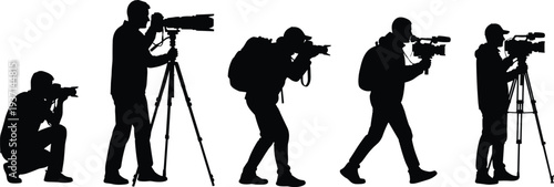 Photographer Silhouette Set Vector Illustration Cameraman with DSLR Camera and Tripod Professional Photography Action Collection Isolated Black Design