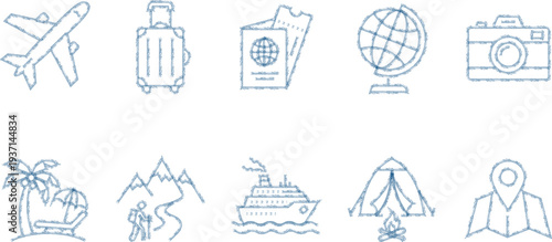 Travel and Adventure Icon Set Featuring Airplane, Suitcase, Passport, Globe, and More