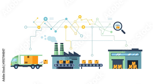Integrated Supply Chain & Logistics: Manufacturing, Warehouse, Delivery, and Digital Tracking. Modern Global Business Operations & Technology.