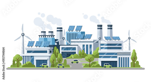 Sustainable Industrial Park: Green Energy, Solar Panels, Wind Turbines & Electric Vehicles