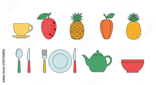 Colorful flat food and tableware illustration