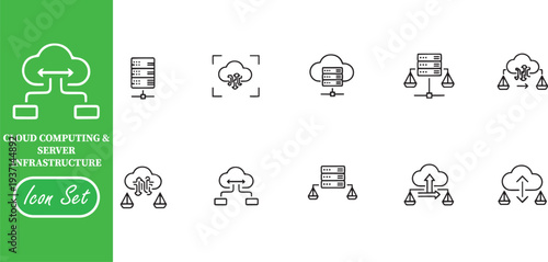 Cloud Computing and Server Infrastructure Linear Icon Set: Data Storage, Load Balancing, and Network Database Symbols