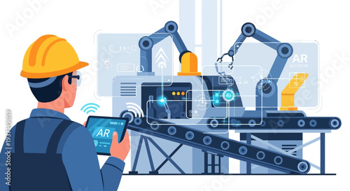 Engineer Monitoring Smart Factory Automation with Augmented Reality Tablet. Industry 4.0 Robotics and Production Line Management.