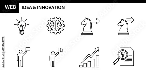 Set of eight line style icons representing web idea and innovation concepts