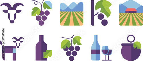 Minimalist vineyard and winery icon collection, grapes, goat, wine bottle, glass, farm landscape, agriculture harvest vector illustration set
