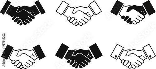 Six different handshake icons in black and white on transparent background