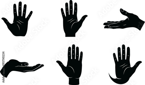 Collection of six black hand silhouettes in different positions and gestures on white background