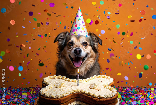 Happy dog wearing a party hat sitting behind a bone-shaped cake. Best for pet birthdays, animal celebration content, or canine lifestyle blogs