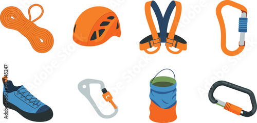 Mountaineering and rock climbing equipment set with rope helmet harness carabiners shoes chalk bag outdoor adventure gear icons