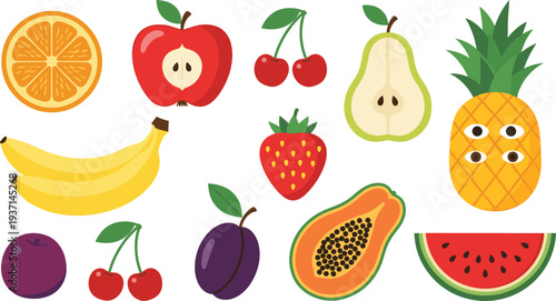 Colorful Fruit Icon Set Featuring Orange, Apple, Banana, Strawberry, Pineapple, Papaya, Pear, Cherry, Plum and Watermelon for Healthy Food Design