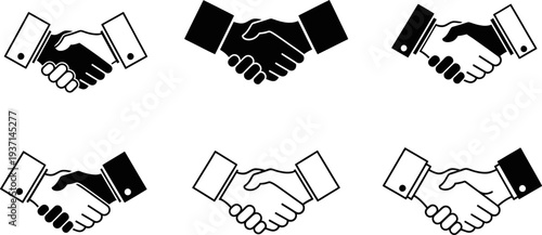 set of handshake icons in different positions and styles for business and partnership concepts