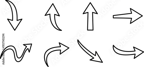 Eight black line drawn arrows on white background for direction indication  various styles and directions
