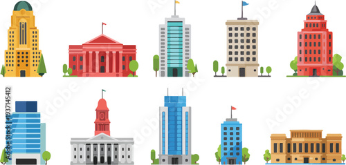 Collection of Civic and Commercial Architecture Buildings Flat Minimal Vector Illustration Set
