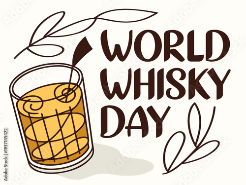 World Whisky Day celebration with a glass of whiskey and leaves  a festive drink