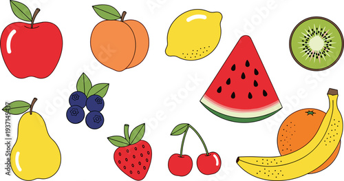Colorful Fresh Fruit Icon Set Featuring Apple, Peach, Lemon, Watermelon, Kiwi, Pear, Blueberry, Strawberry, Cherry, Banana and Orange for Healthy Food Design