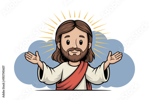 Jesus Christ cartoon illustration with a smiling face and open arms