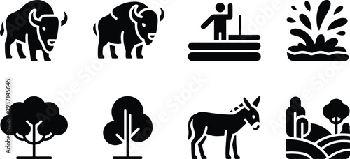 Nature and wildlife silhouette icon set, bison, donkey, water splash, trees, rural landscape black and white vector