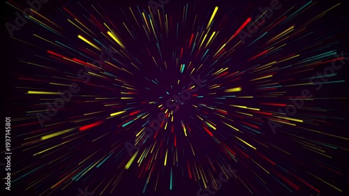 Hyperspace Starfield Warp Speed Animation featuring  vibrant explosion of colorful light streaks radiating from a central point ideal for high-speed transitions, futuristic intros space-themed project