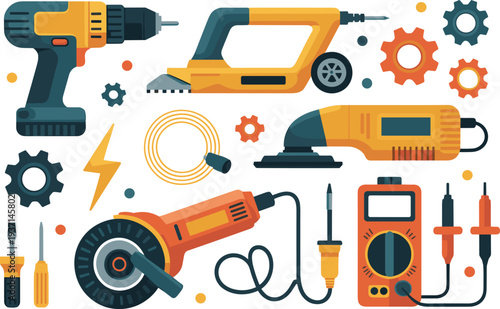 Power tools and electrical equipment set with drill grinder sander soldering iron multimeter and workshop repair tools illustration