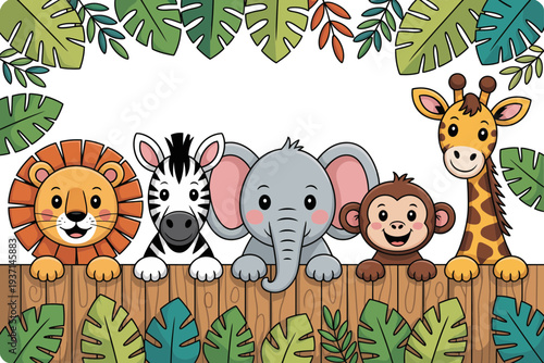 A colorful illustration of jungle animals peeking over a wooden fence