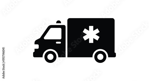A stark black silhouette of an ambulance vehicle displaying a prominent medical star silhouette high quality professional