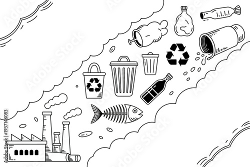 Pollution icon set with factory and trash elements in a vector illustration