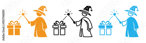 Three wizards casting spells with gift boxes