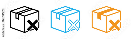 Three colored package icons with x marks