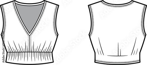 Women sleeveless V neck top technical fashion sketch front and back view, casual apparel garment template, clothing line drawing illustration