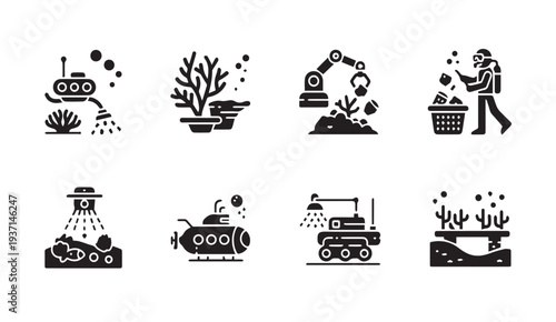 Underwater exploration and conservation icons with modern technology elements