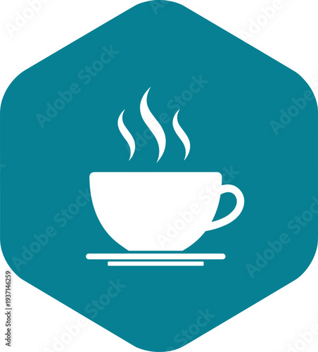 Hot tea cup icon in blue hexagon representing warm beverages, cafe culture, relaxation moments, and hospitality service design