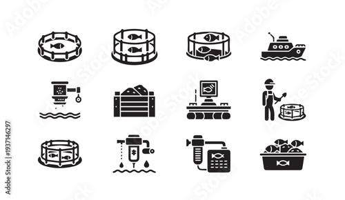 Fish farming and aquaculture industry icons with fish tanks and equipment