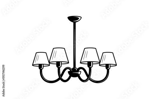 A black chandelier icon with four lamps and a modern design