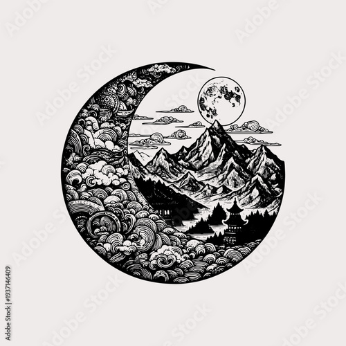 Crescent moon celestial landscape with mountains and pagoda