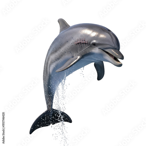 Dolphin jumping out of water with joyful expression and splashing tail