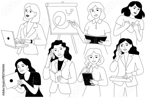 Businesswoman vector illustration set in a modern office environment with coworkers