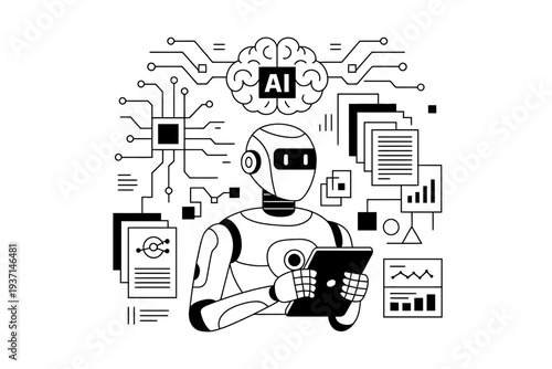 Robot working on laptop with AI and data analysis icons around