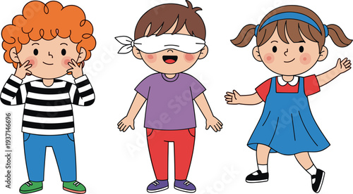 Cute Children Playing Fun Games Vector Illustration Showing Happy Kids Covering Eyes, Blindfold Play, and Joyful Childhood Activities for Education and Playtime Concepts