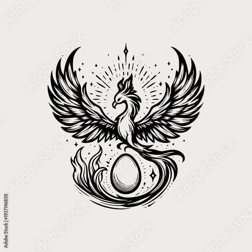 Mythical phoenix bird rising over cosmic egg with celestial rays