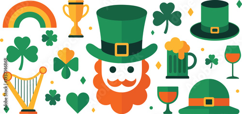 St Patricks Day Flat Illustration with Leprechaun Shamrocks Rainbow and Irish Symbols