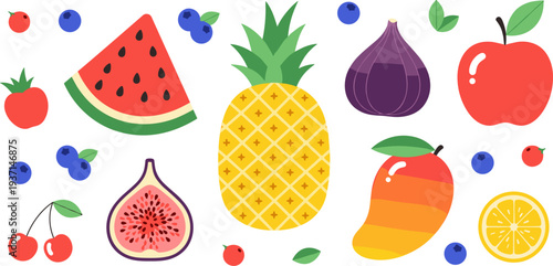 Colorful Tropical and Fresh Fruit Collection Vector Illustration Featuring Watermelon, Pineapple, Apple, Fig, Mango, Lemon, Cherries, and Berries for Healthy Food Designs