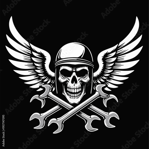 Biker vector black and white t-shirt design with human skull,
motorcycle helmet, wings, wrench on black background.
Fashionable print for fabric, paper, men clothing,
hoodie, jacket. T shirt template.
