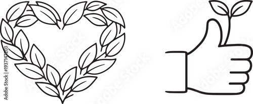 Botanical leaf heart and thumbs up hand with sprouting plant line art