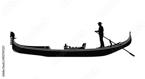 A striking black gondola glides along the water featuring a detailed human form silhouette high quality professional modern