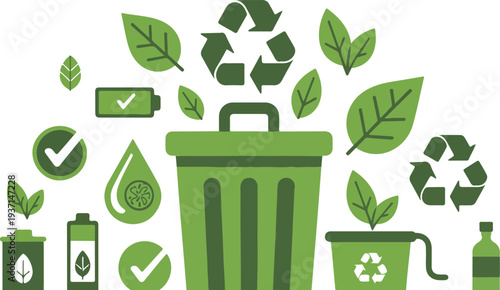 Green Recycling and Environmental Icons Set with Bin Leaves and Eco Symbols Flat Illustration