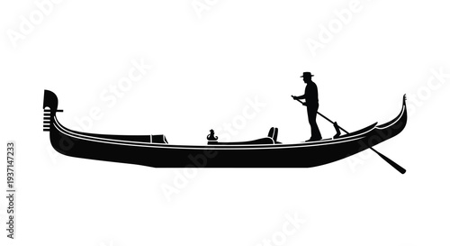 A striking black silhouette depicts a gondolier navigating a traditional venetian gondola silhouette high quality professional detailed modern