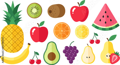 Colorful Fruit Icon Set Featuring Pineapple, Apple, Banana, Avocado, Grapes, Pear, Kiwi, Orange, Lemon and Watermelon for Healthy Food Design