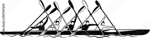 Vector Illustration of a Five Person Rowing Team in a Racing Shell Boat With Oars Raised for Sports Competition and Teamwork